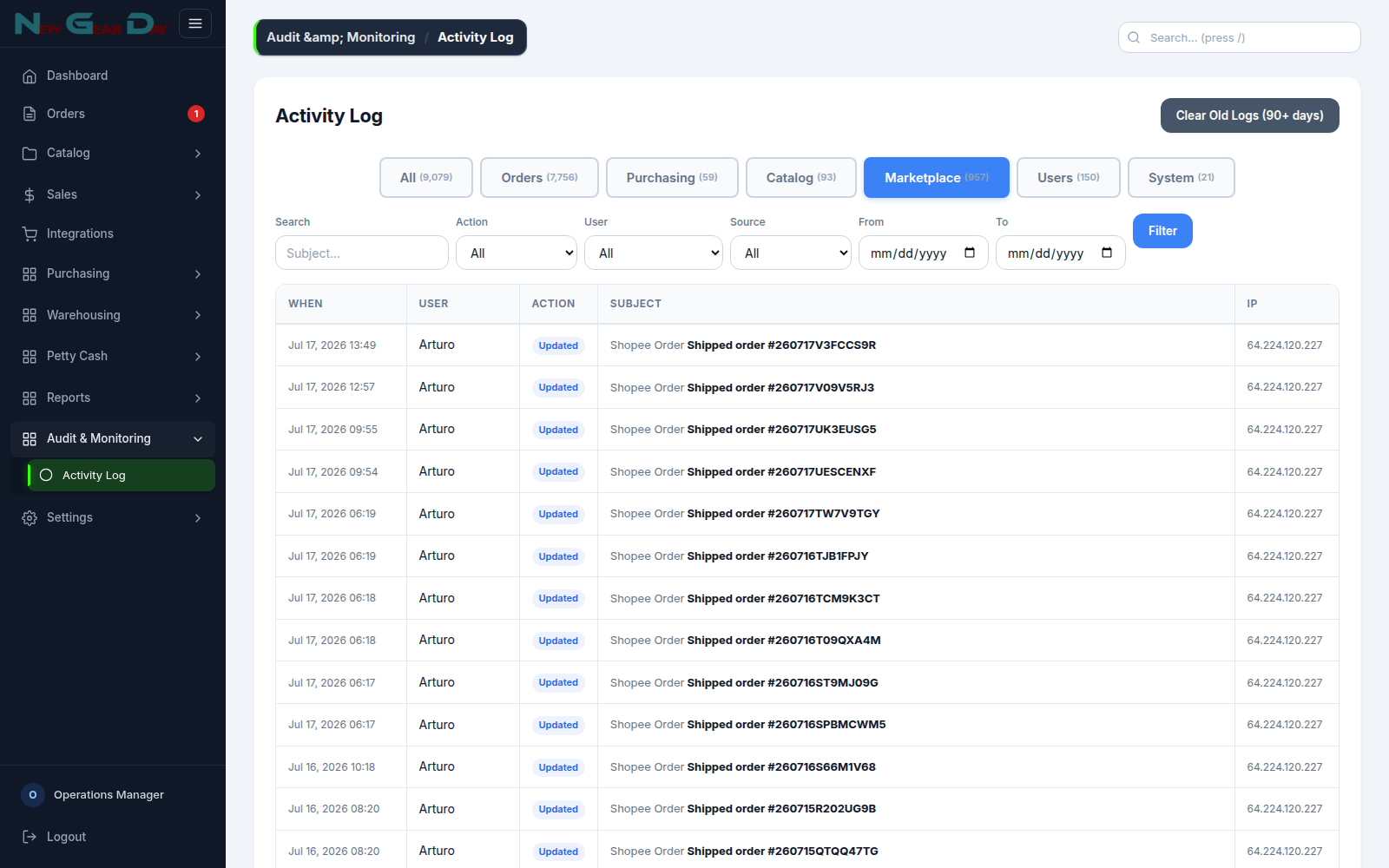 Activity log with user, action, and timestamp for every change in VentaSync