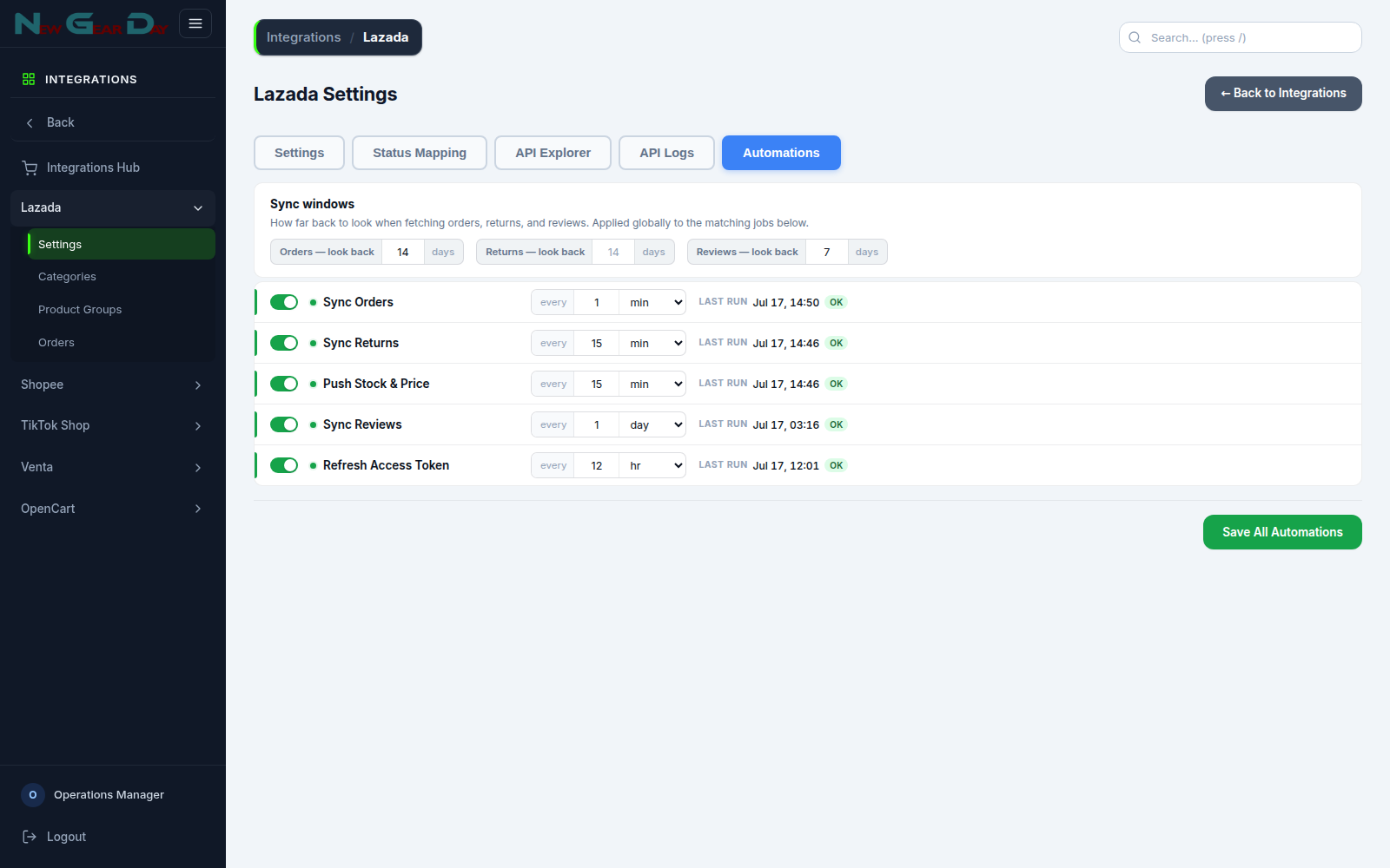 Automations schedule with sync jobs and last run status in VentaSync