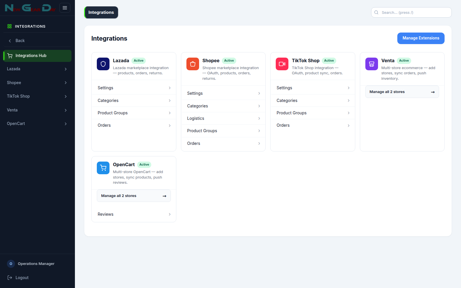Marketplace connections managed inside VentaSync