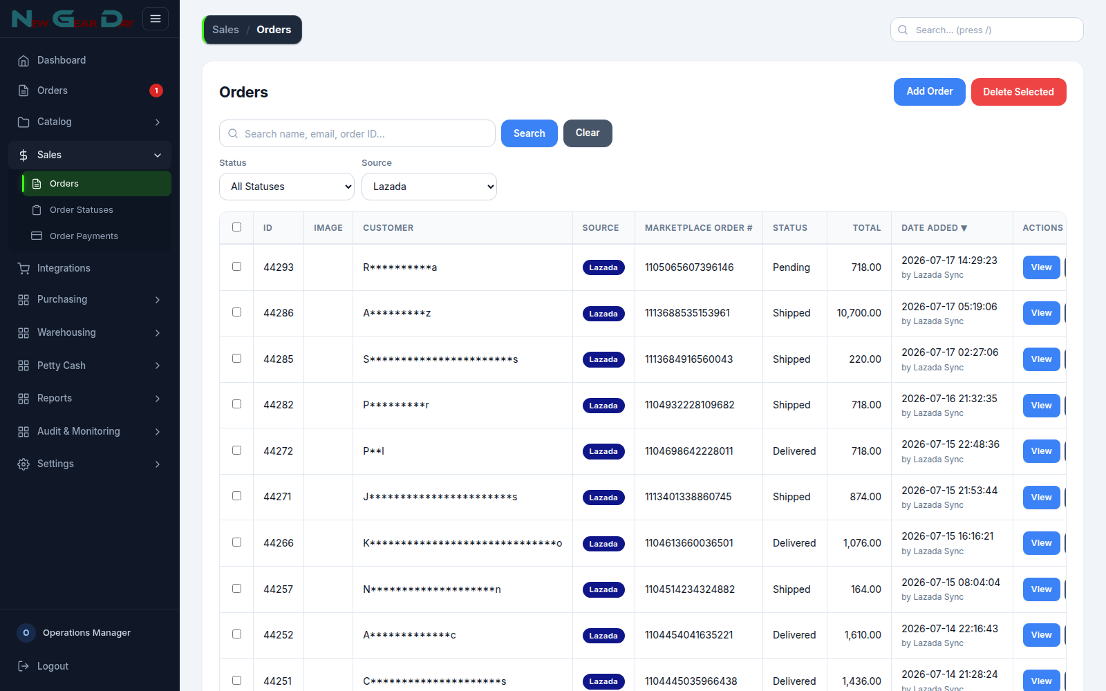 Orders list in VentaSync with configurable statuses