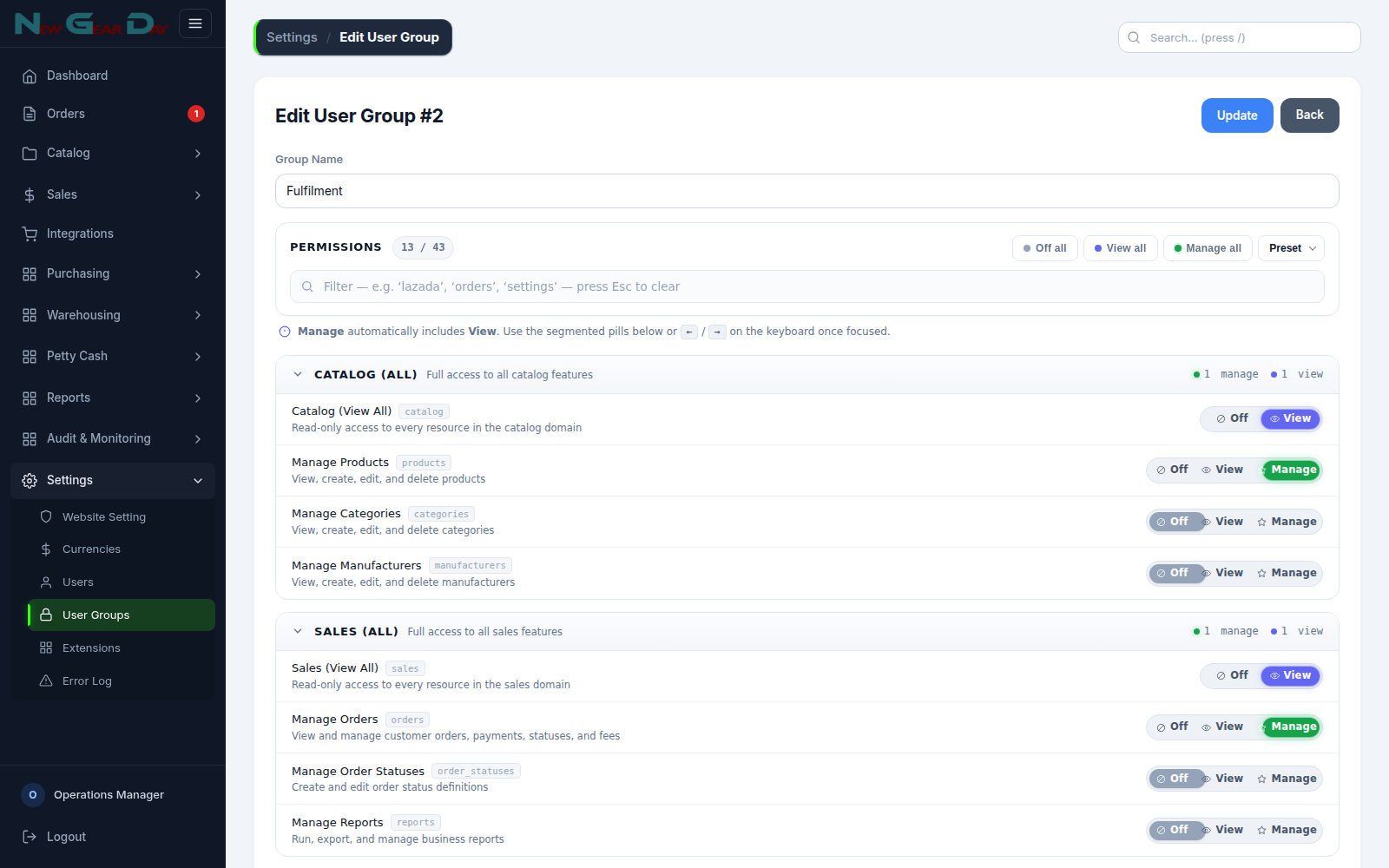 User group permissions with per-module access levels in VentaSync